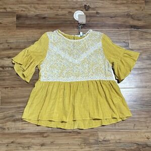 NEW Umgee Women's Blouse Boho Hippie Peasant Mustard Yellow Floral Ruffle Size M